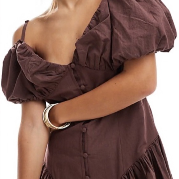 ASOS DESIGN bardot sleeve button up midi dress/oversized skirt/chocolate/US 6 - Picture 3 of 8